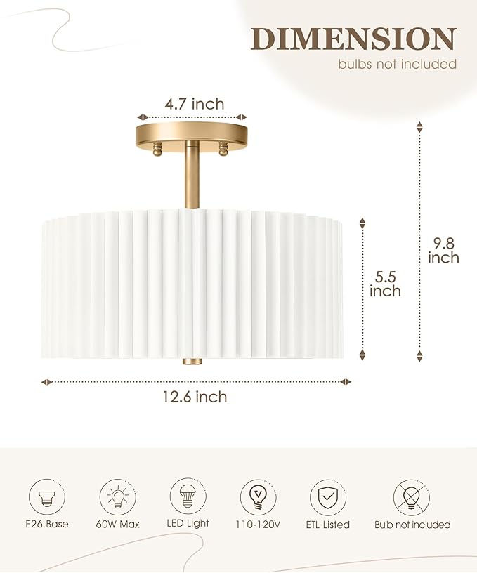 Gold Semi Flush Mount Ceiling Light, 3-Light 12.5" Ceiling Light Fixture - Image 2