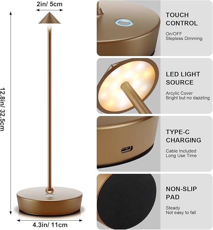 Rechargeable Cordless Table Lamp, Portable Powered LED Battery 6000mAh Metal - Image 6