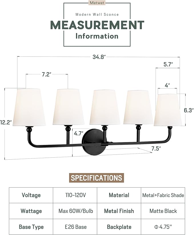 Bathroom Light Fixtures, 5 Light Matte Black Vanity Lights - Image 2