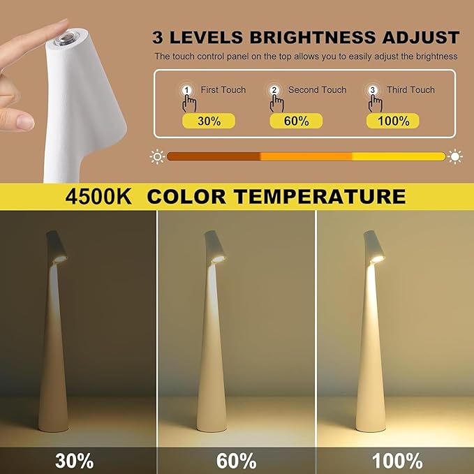 Cordless Small Table Lamps, 3 Levels Brightness Portable Desk Lamp, - Image 2
