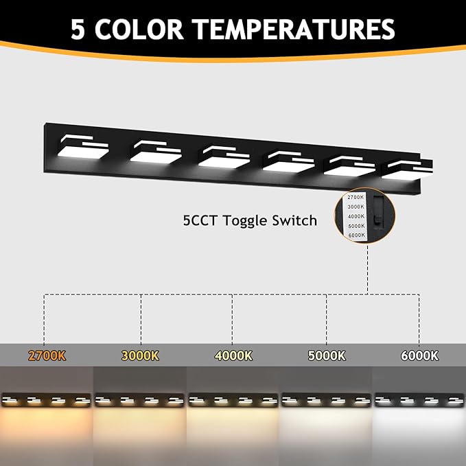 LED Modern Bathroom Vanity Light Fixtures 6-Light 5CCT Dimmable Matte Black - Image 2