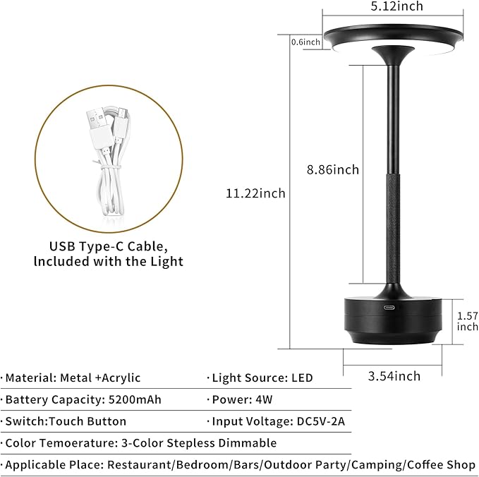 Rechargeable Cordless LED Table Lamps Touch Sensor Light, 3-Levels Portable - Image 7