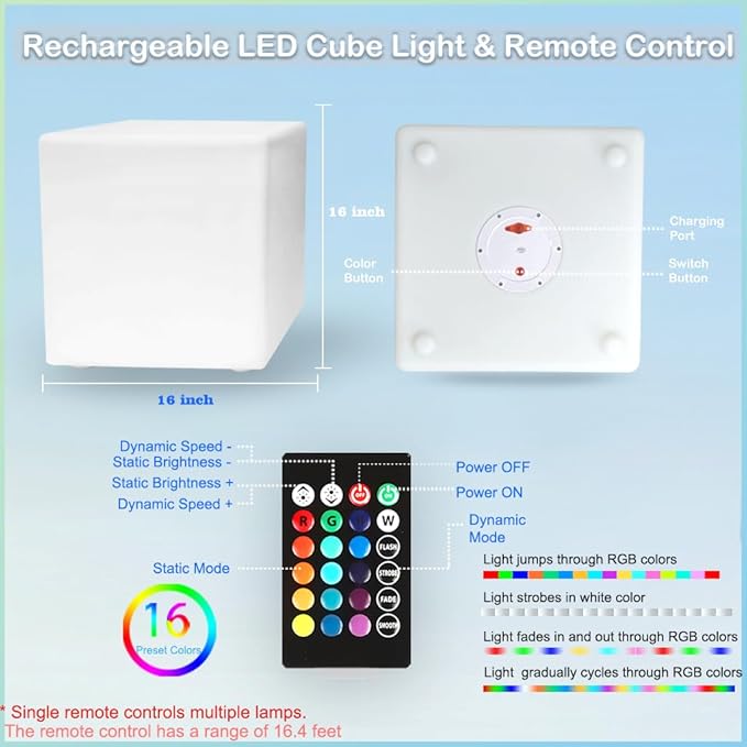 16-inch LED Cube Light, Rechargeable Cube Light Table w/Remote, 16 Colors - Image 7