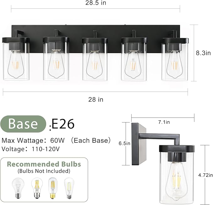 5-Light Bathroom Lighting Fixtures over Mirror, Matte Black Vanity Lights - Image 3