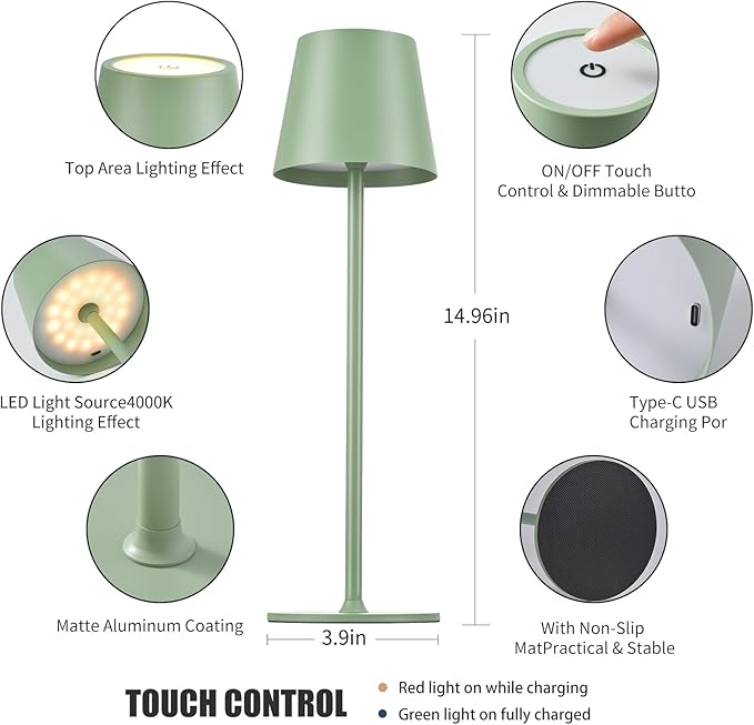 BGFHome Cordless Table Lamp LED Desk lamp, 5000mAh Rechargeable Touch Night - Image 2