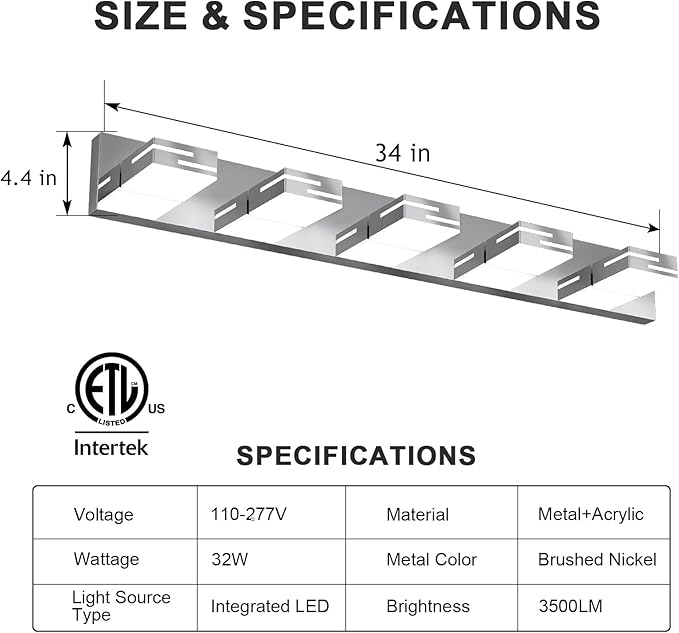 LED Modern Bathroom Vanity Light Fixtures, 5-Light 34-inch Dimmable Chrome - Image 3