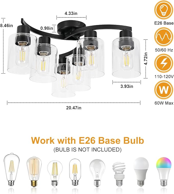 WILON 20'' 6-Light Large Black Semi Flush Mount Ceiling Light Fixture - Image 4