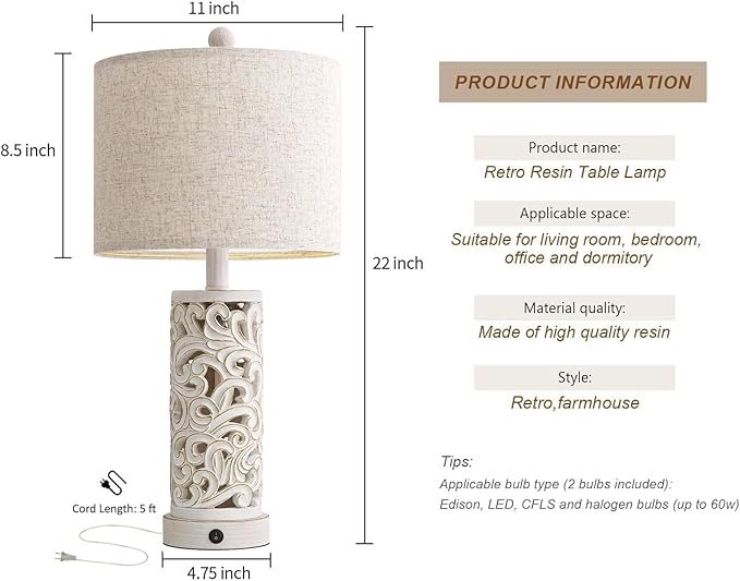OYEARS 22'' Table Lamp Set of 2 - Image 5