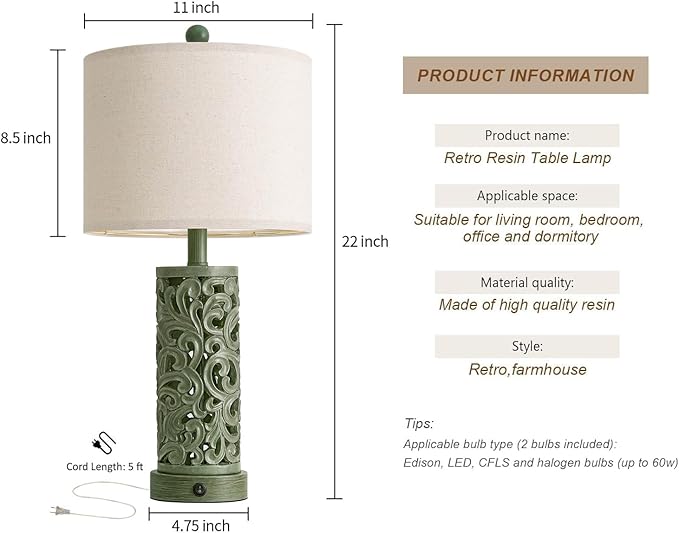 OYEARS 22'' Table Lamp Set of 2 - Image 7