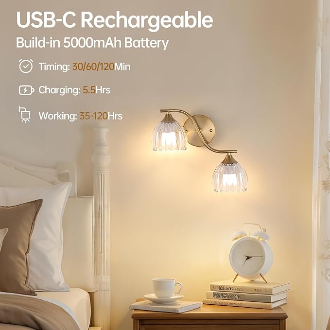 Battery Operated Wall Sconce, 2-Lights Vinatge Brass Wall Lighting - Image 7