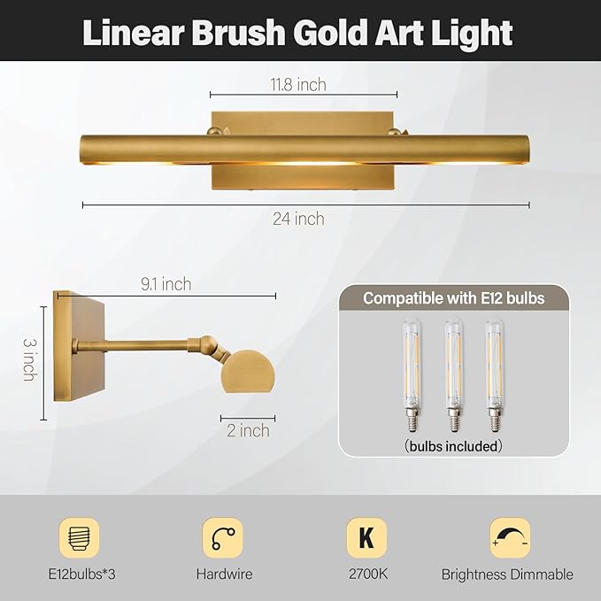 Art Picture Frame Wall Light: 24" Glod Dimmable Vintage Artwork Brass Painting - Image 3
