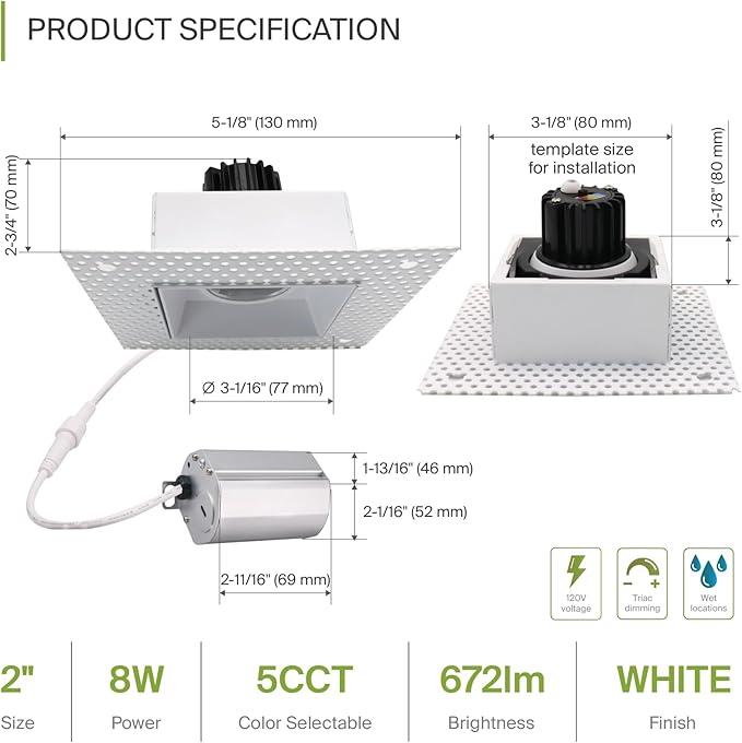 ASD Trimless Gimbal LED Recessed Lighting 2 Inch, 8W 120V Square LED Downlight - Image 2