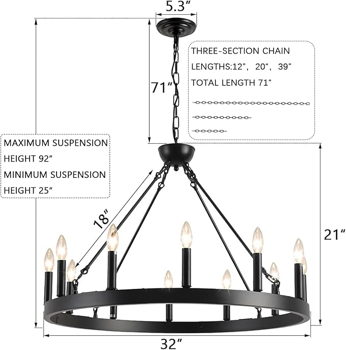Black Wagon Wheel Chandelier 32 inch, 12-Light Farmhouse Wagon Wheel - Image 6