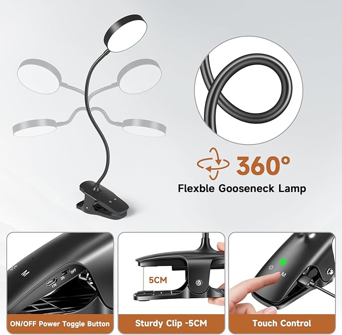 Mubarek Clip on Lamp, 5 Brightness+5 Color Clip on Light, 200LM 36 LED Reading - Image 7