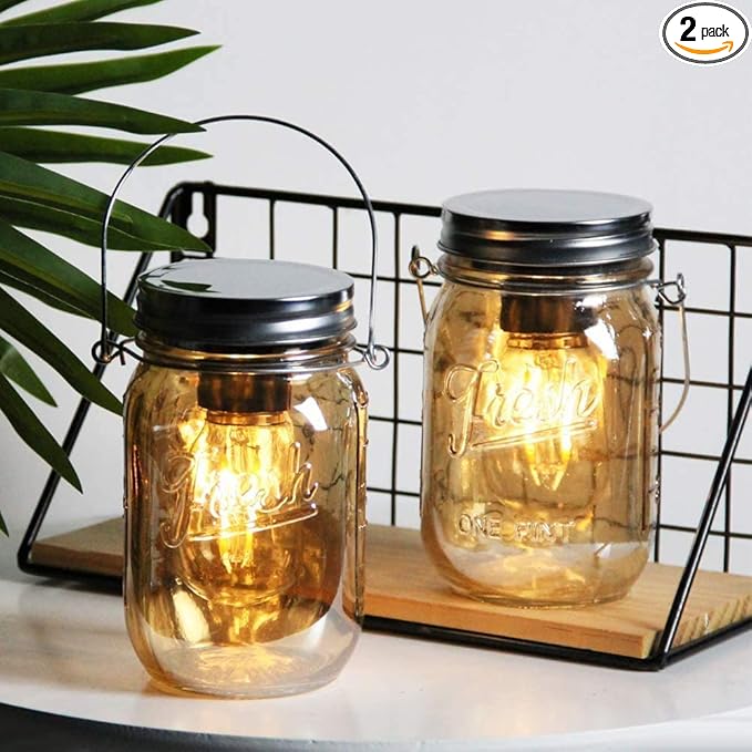 Outdoor Mason Jar Lights Hanging, Battery Operated Vintage Glass Light by MJPREMIER