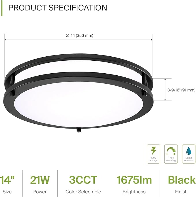 ASD LED 14" Round Flush Mount Lighting, Close to Ceiling Light Fixture | 3CCT - Image 3
