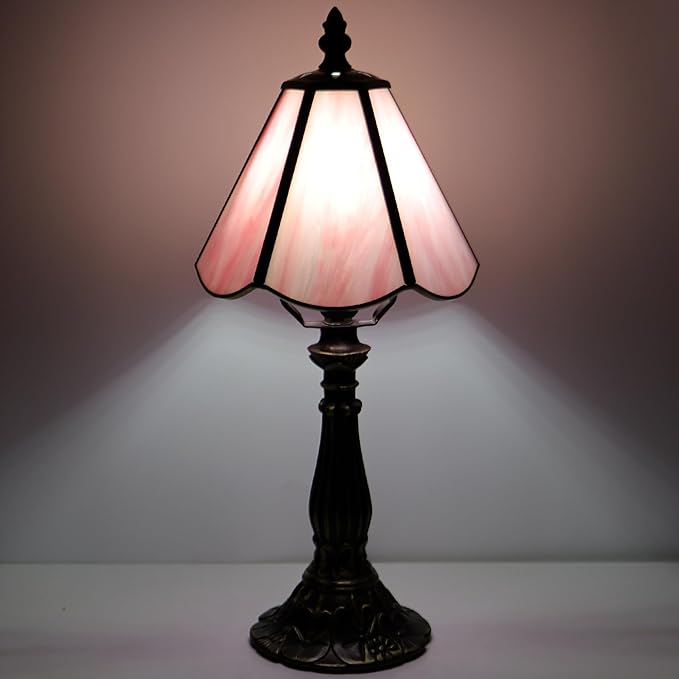 Small Tiffany Table Lamp Pink Stained Glass Desk Lamps 6X6X14 Inch Bronze Resin - Image 5