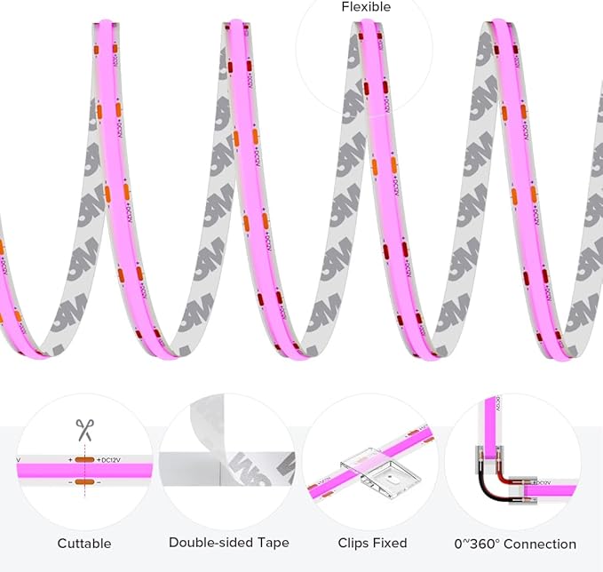 COB Purple LED Strip Light DC12V Flexible High Density Uniform Bright 480LEDs/m - Image 7