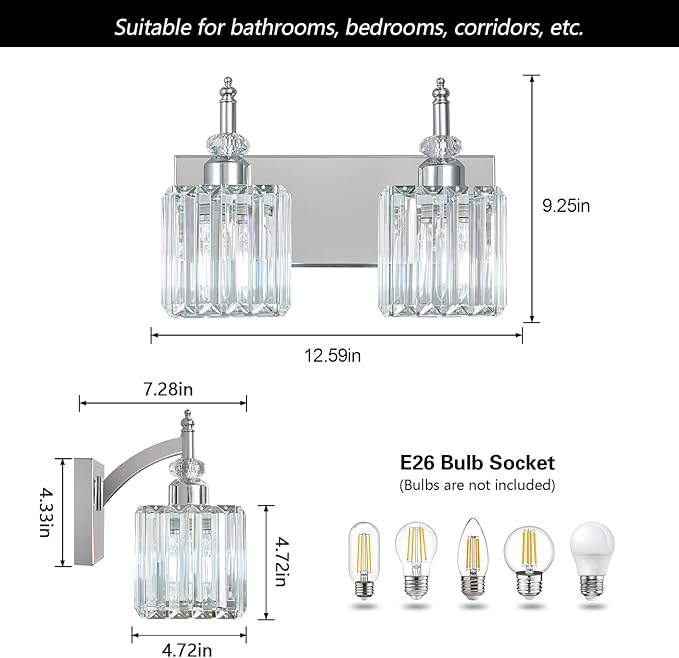 Modern Bathroom Vanity Light 2-Light Chrome Crystal Light Fixtures Over Mirror - Image 4