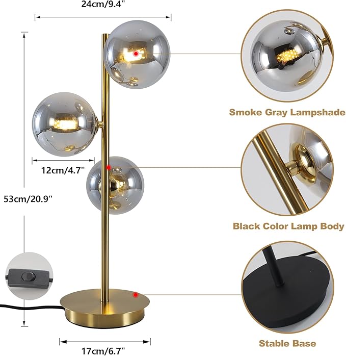 Mid Century Globe Table Lamp, Modern 3 Lights Gold Brass Desk Lamp, - Image 2