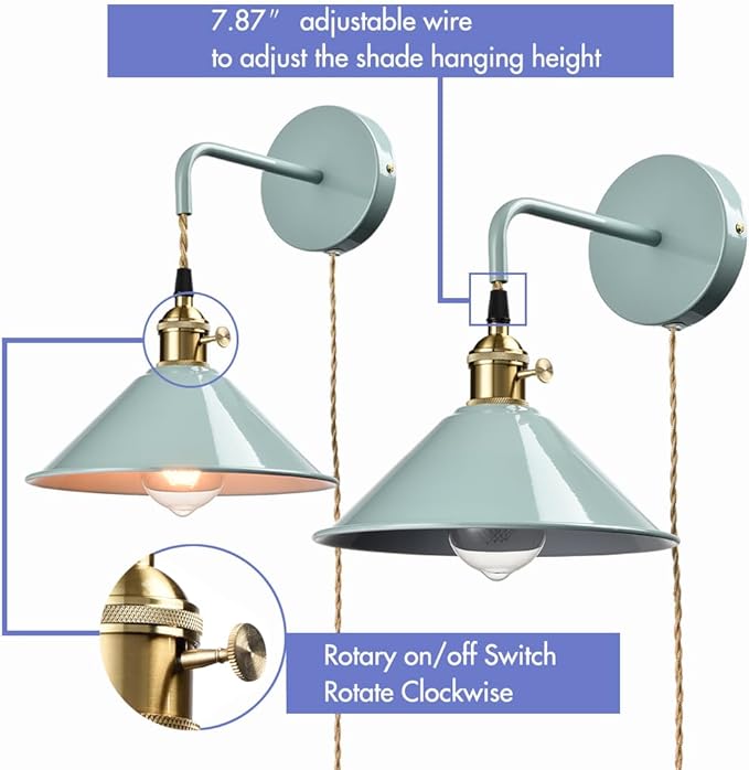 Sea Green Wall Sconce 2-Pack, Hanging Height-Adjustable Wall Lamp, - Image 3