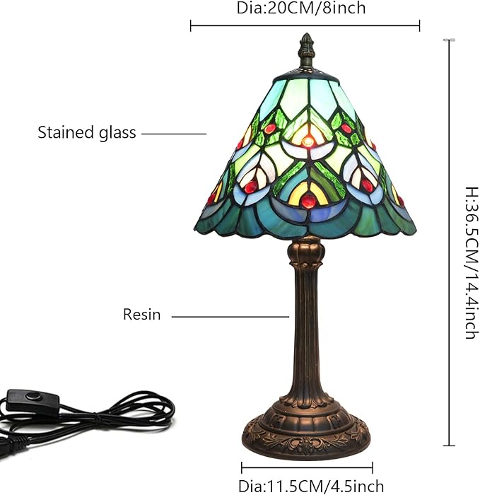 Green Peacock Decor Small Tiffany Style Table Lamp Antique Stained Glass Lamps - Image 3