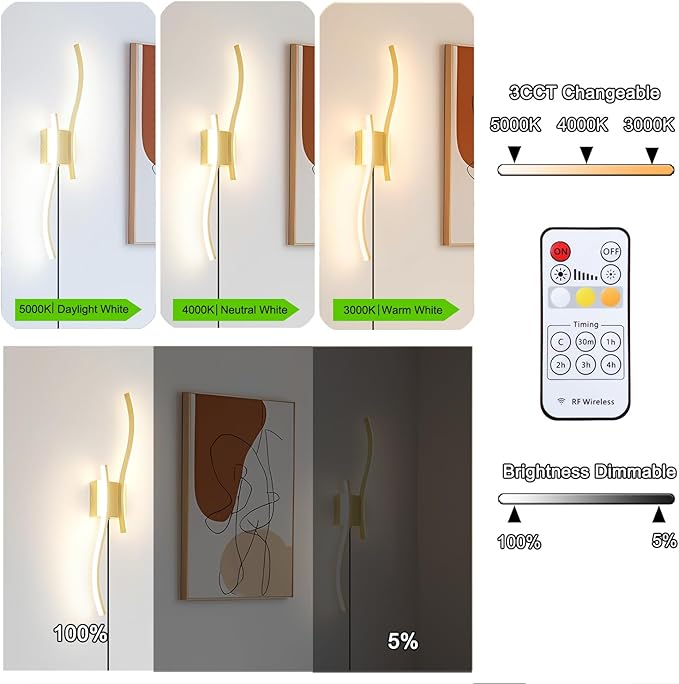 Modern Plug in Wall Sconce Set of 2, 3CCT Adjustable & Memory Function - Image 4