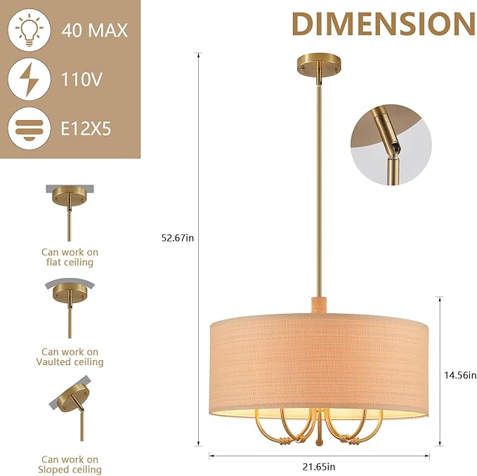 Large 5-Lights Modern Chandelier, Hand-Woven Rattan Chandelier, Antique Brass - Image 6