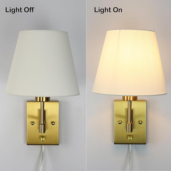 SAMTEEN Gold Plug-in Wall Sconces Set of Two Beige Shade Brass Swing Arm Wall - Image 8