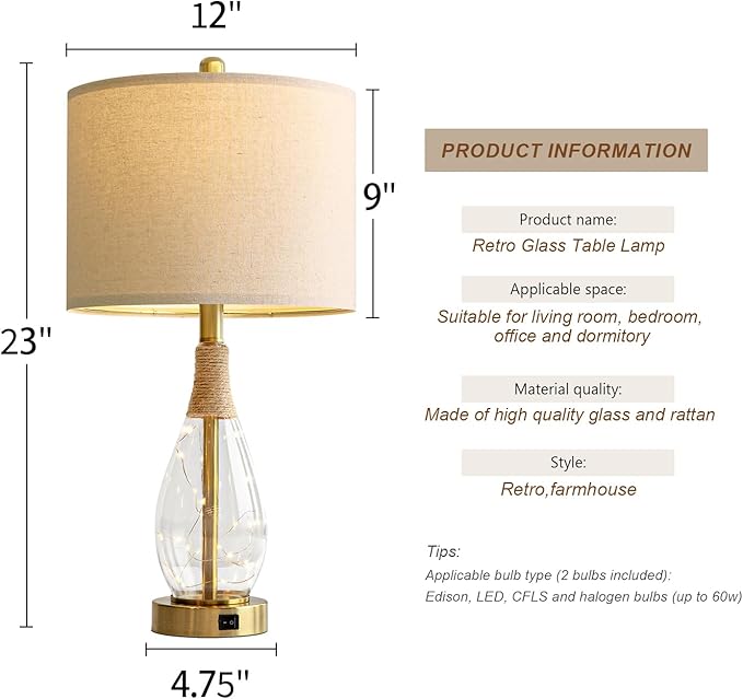 OYEARS 23" Table Lamps for Living Room Set of 2 Bedside Lamps for Night Stands - Image 8