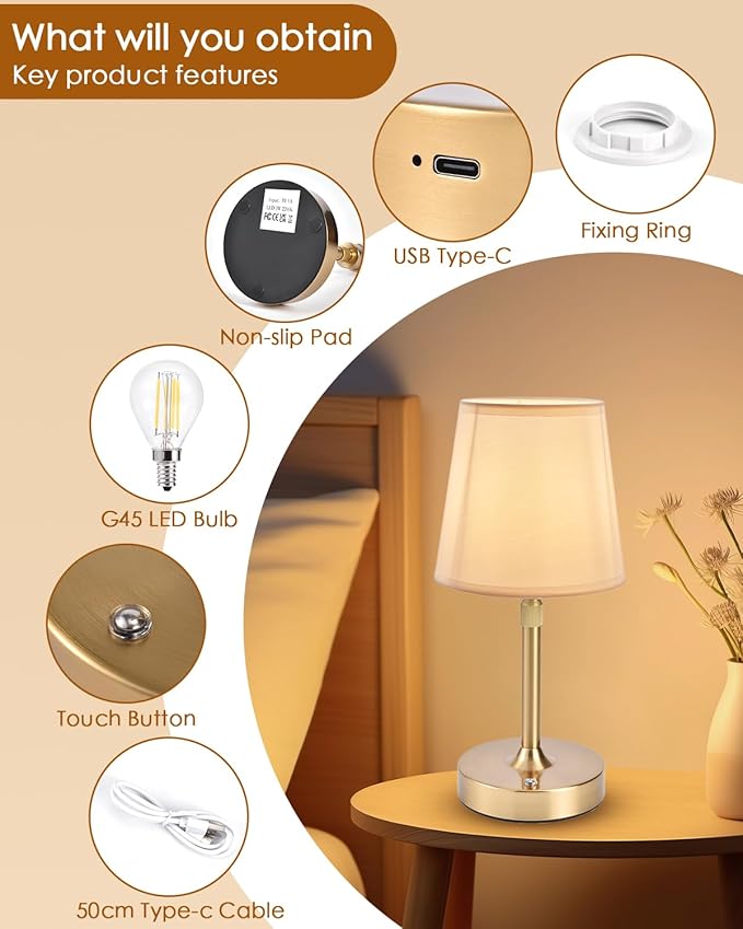 Cordless Table Lamp Rechargeable Touch Gold Mini Small Lamp Adjustable Height - Image 8