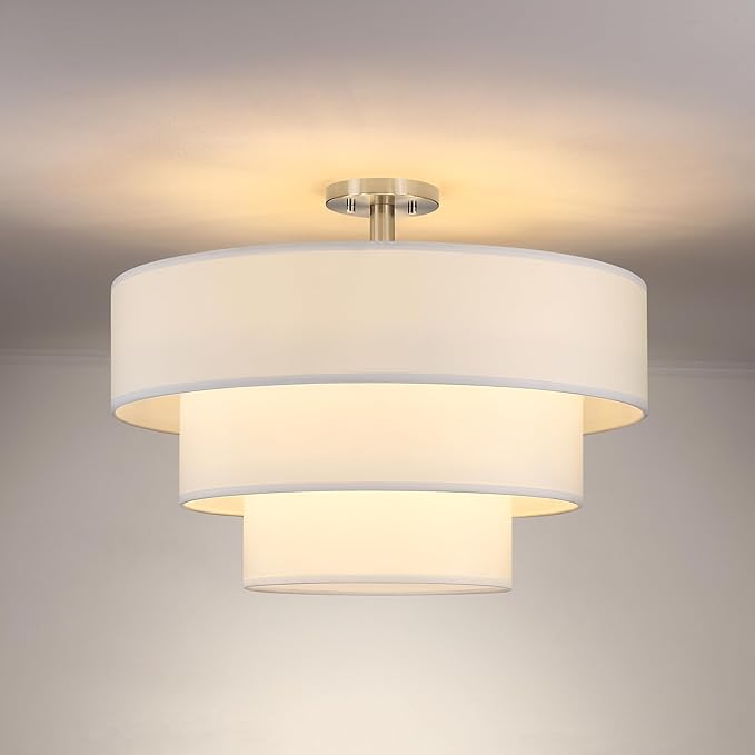 Doraimi Lighting 3 Tier White Linen Drum Fabric Semi Flush Mount Light Modern by DoraimiLighting