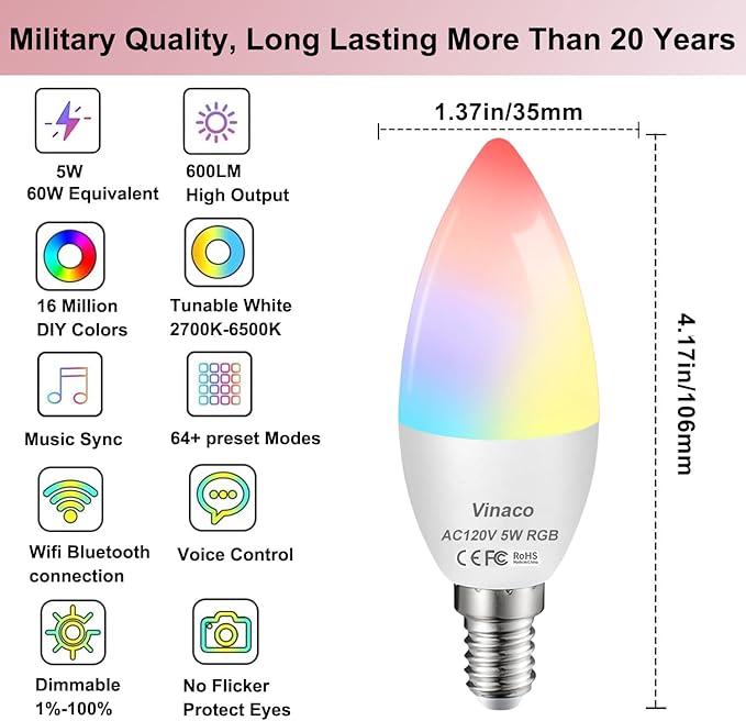 Vinaco E12 Smart LED Bulb 5W 600LM, 2 Pack E12 LED Light Bulbs Color Changing - Image 2