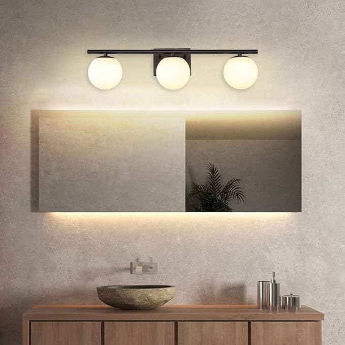 New Bathroom Vanity Light Fixtures 3 Lights Brushed Black Milk White Globe - Image 6
