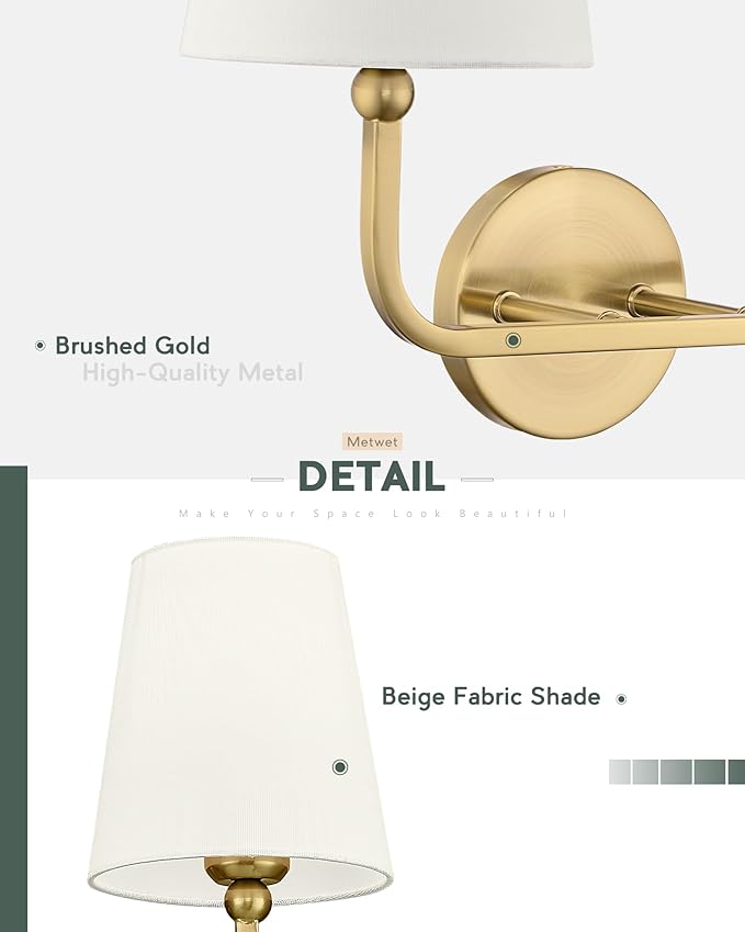 2 Light Bathroom Light Fixtures, Brushed Gold Vanity Lights, Double Wall Sconce - Image 3