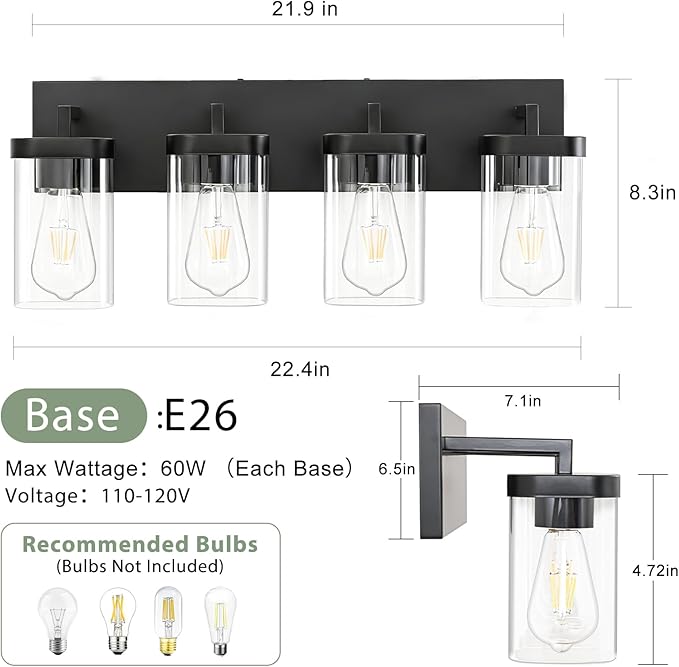 4-Light Bathroom Lighting Fixtures over Mirror, Matte Black Vanity Lights - Image 3