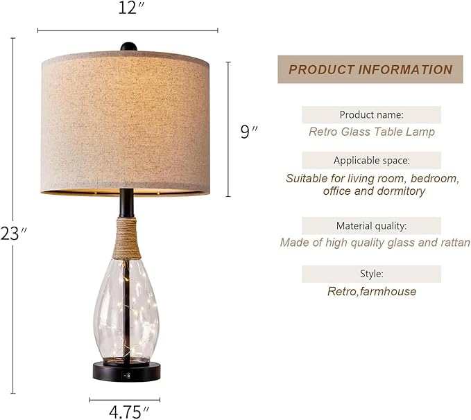OYEARS Bedside Table Lamp with USB, 23‘’ Black Modern Nightstand Lamps - Image 8