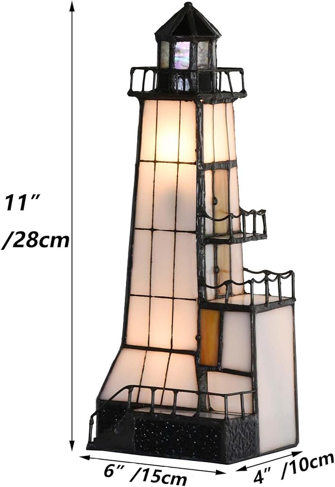 Bieye L10779 Lighthouse Tiffany Style Stained Glass Accent Table Lamp Night - Image 6