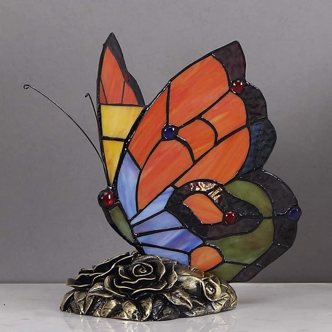 Bieye L10038 Butterfly Tiffany Style Stained Glass Accent Table Lamp Night Light - Image 2
