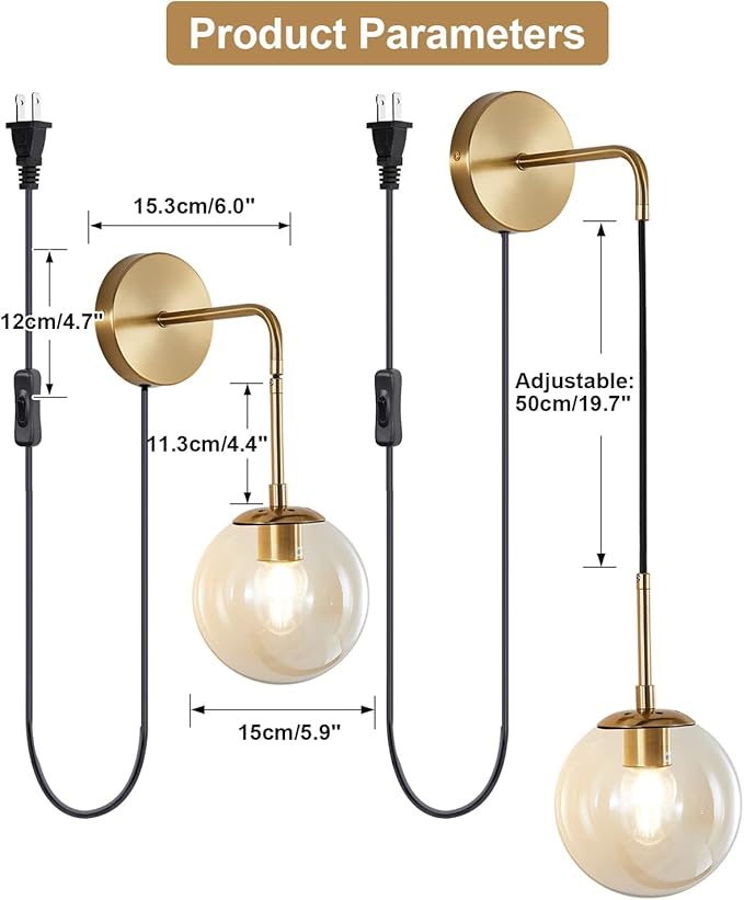 KCO Lighting Modern Plug in Wall Sconce Set of 2 Gold Glass Globe Bathroom Wall - Image 2