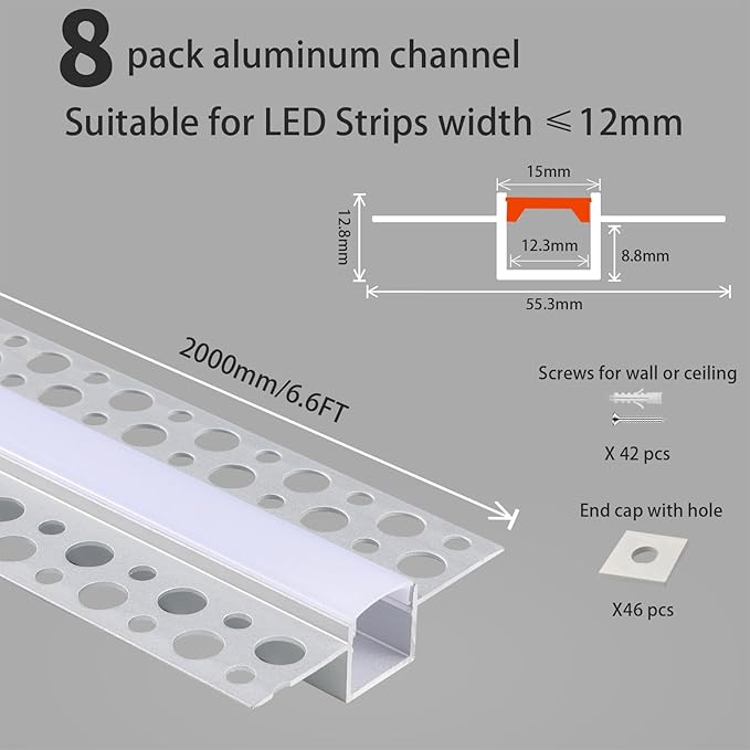10 Pack Plaster-in LED Channel 6.6FT/2M Recessed Drywall Aluminum Strip - Image 6