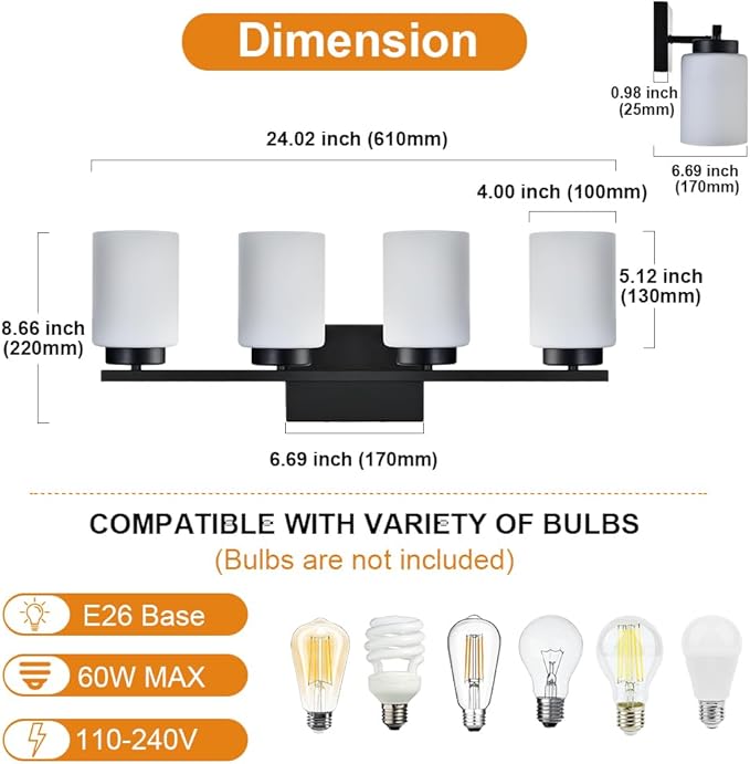 VINLUZ Bathroom Vanity Lights, 4-Light Classic Wall Sconce Lighting Fixtures - Image 4