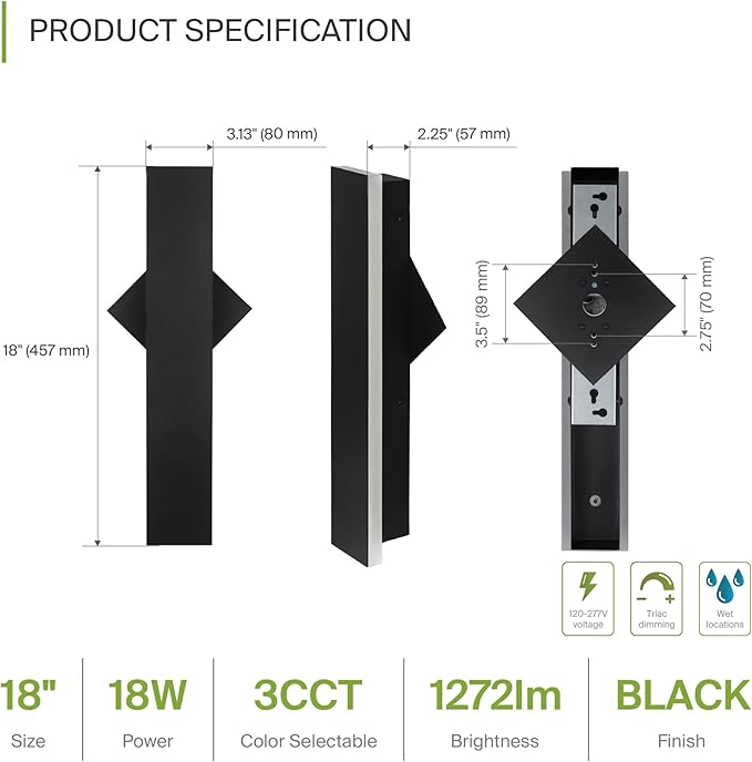 ASD LED 18" Long Wall Mount Light Fixture, Outdoor & Indoor Linear Sconce | 3CCT - Image 2
