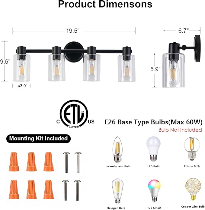 4 Light Bathroom Wall Light Fixtures Black Bathroom Wall Sconce - Image 2