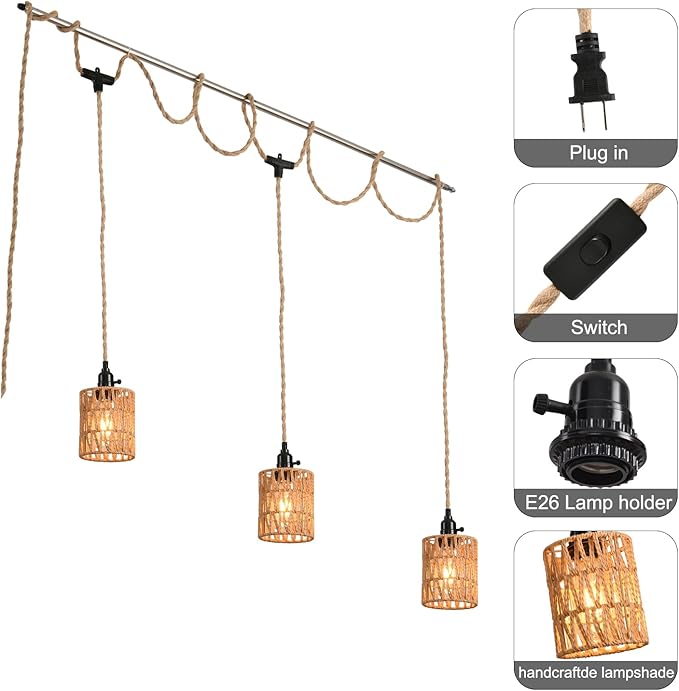 3-Light Hanging Light with Plug in Cord, Plug in Pendant Light 22ft Hemp Rope - Image 5