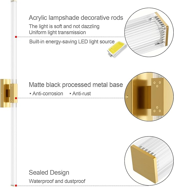 Ralbay 48inch Gold Bathroom Vanity Lights Bar 36W Modern LED Gold Vanity Light - Image 5