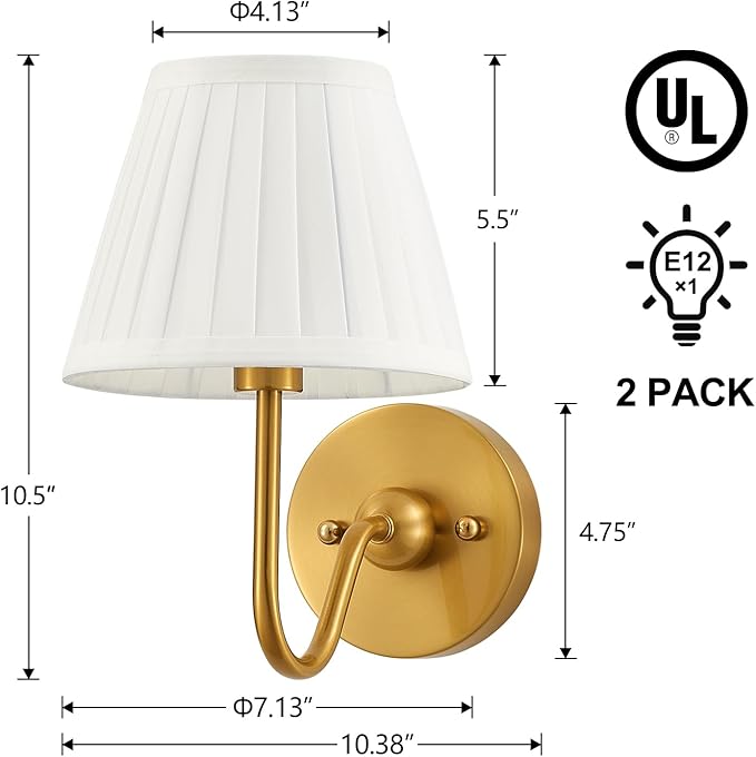 Set of Two Modern Wall Sconces Brass Frabic Wall Lights Contemporary Classic - Image 5