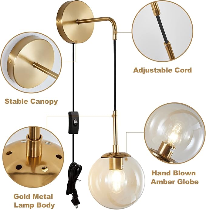 KCO Lighting Modern Plug in Wall Sconce Set of 2 Gold Glass Globe Bathroom Wall - Image 3