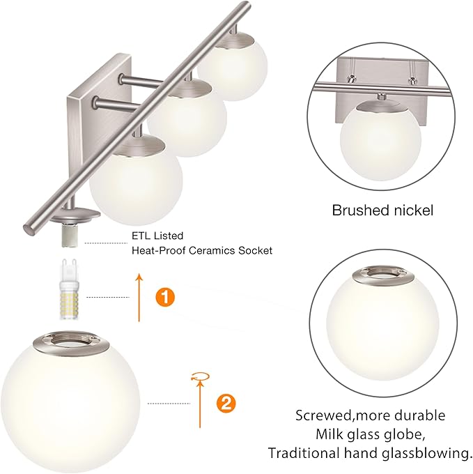New Bathroom Vanity Light Fixtures 4 Lights Brushed Nickel Glass Shade Modern - Image 3