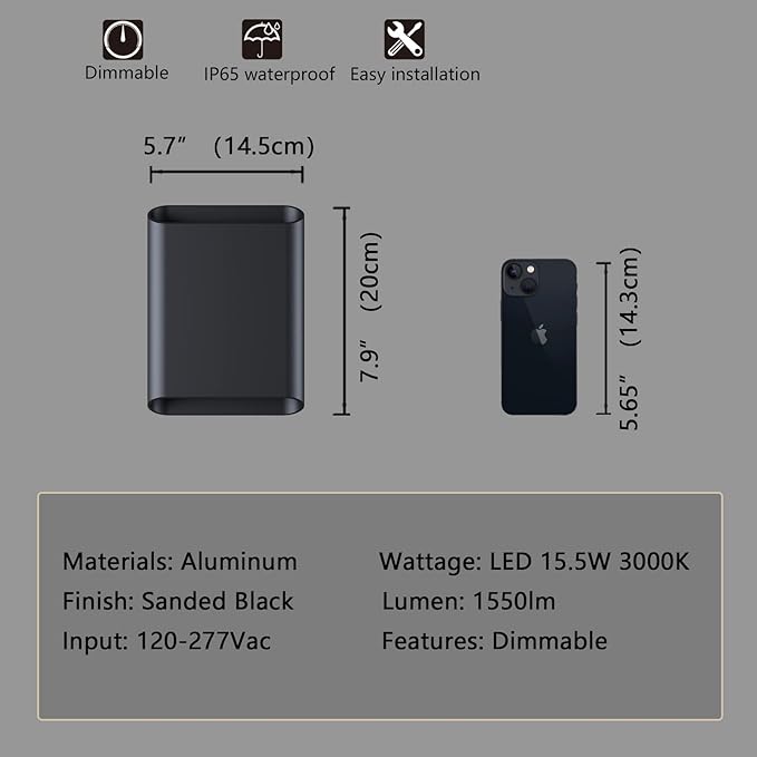 LED Wall Lights Outdoor Wall Sconces Dimmable 15.5W, IP65 Waterproof Porch - Image 6
